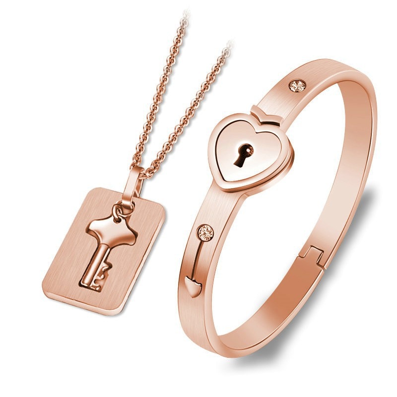 Heart Lock Bracelet & Key Necklace for Couples